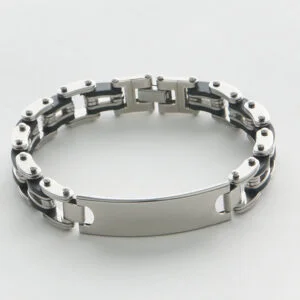 Armband i rostfritt stål. 12mm tuff silver svart kedjedesign. Graverbar platta. - Bild 2