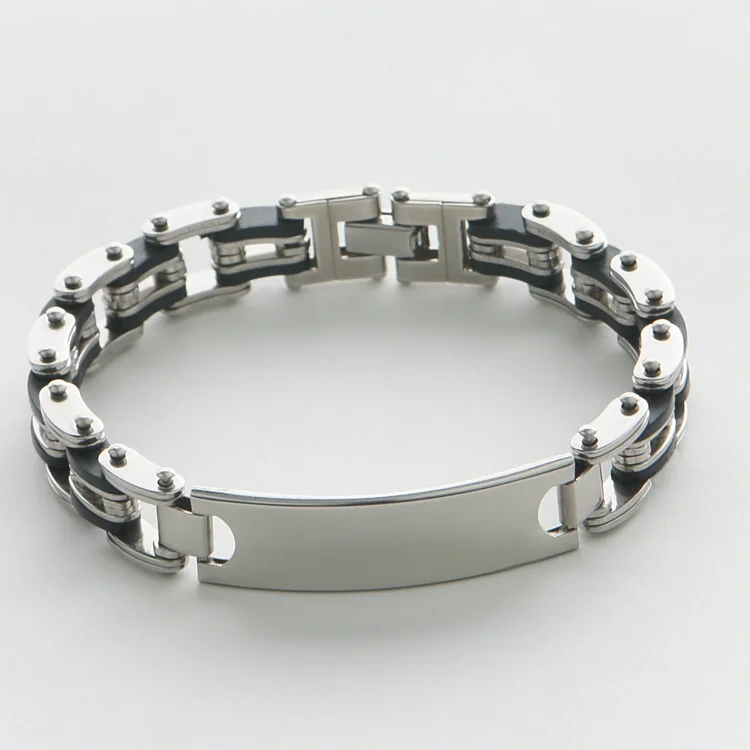 Armband i rostfritt stål. 12mm tuff silver svart kedjedesign. Graverbar platta. - Bild 2