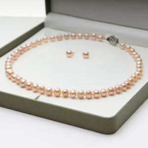 Pärlhalsband, peach, 45cm & örhängen. Äkta marin-kultiverade pärlor 8-9mm. Fin lyster - Bild 2