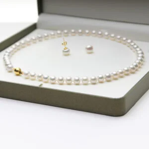 Pärlhalsband, vit, 45cm & örhängen. 8-9mm äkta kultiverade Söderhavspärlor. Guld 14K