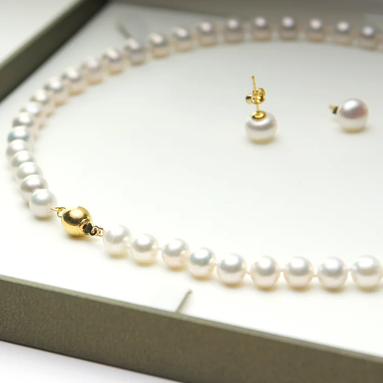Pärlhalsband, vit, 45cm & örhängen. 8-9mm äkta kultiverade Söderhavspärlor. Guld 14K - Bild 3